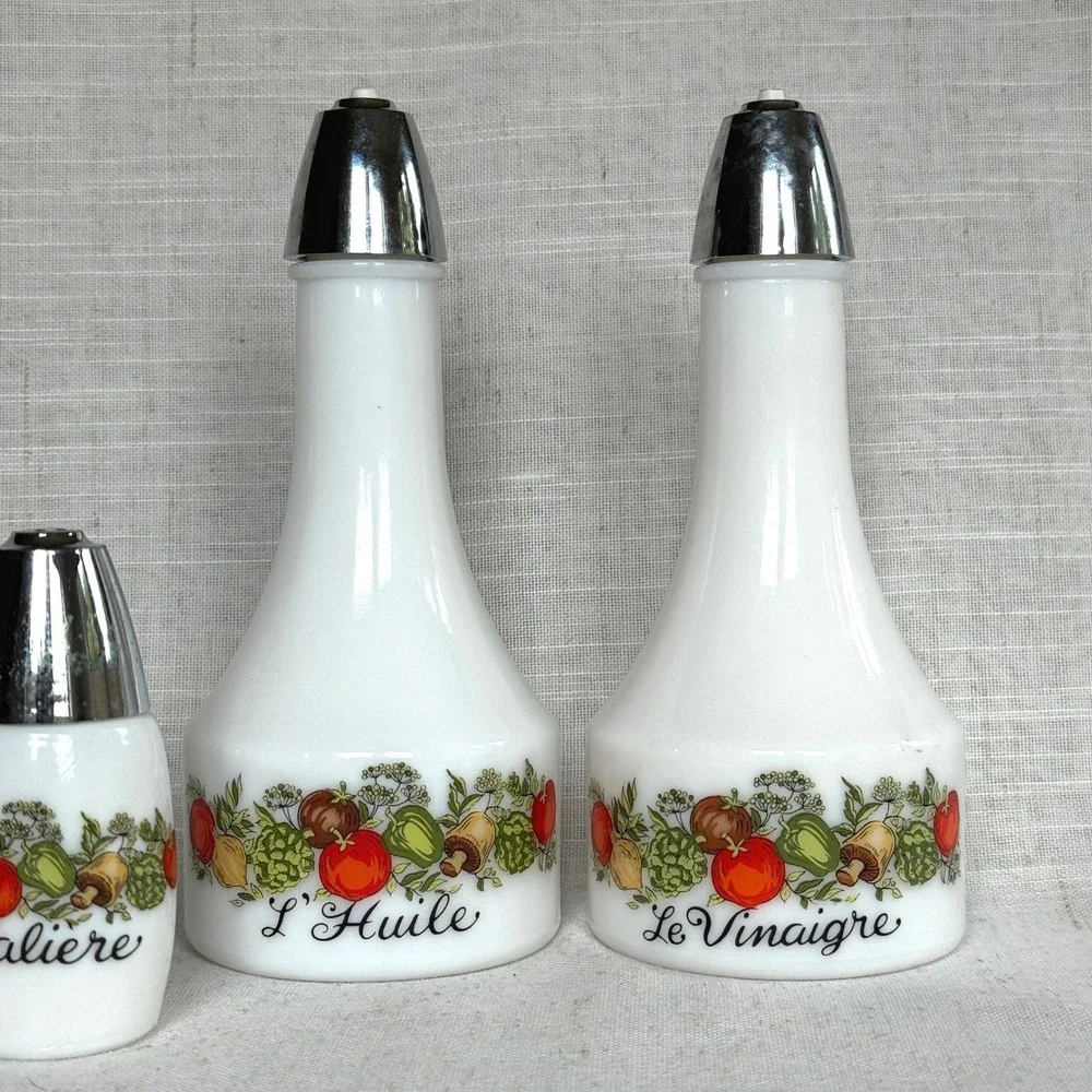 Vintage Milk Glass Oil Vinegar Salt Pepper Set French Vegetable Garden 4 Piece